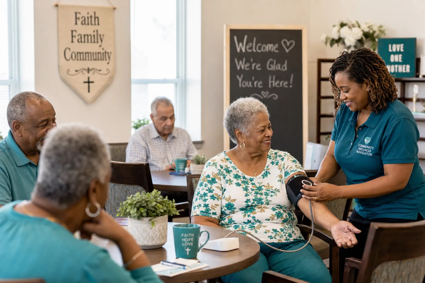 A community wellness navigator helping a seated older adult check a blood pressure cuff at a welcoming faith and community center, with other seniors nearby.
